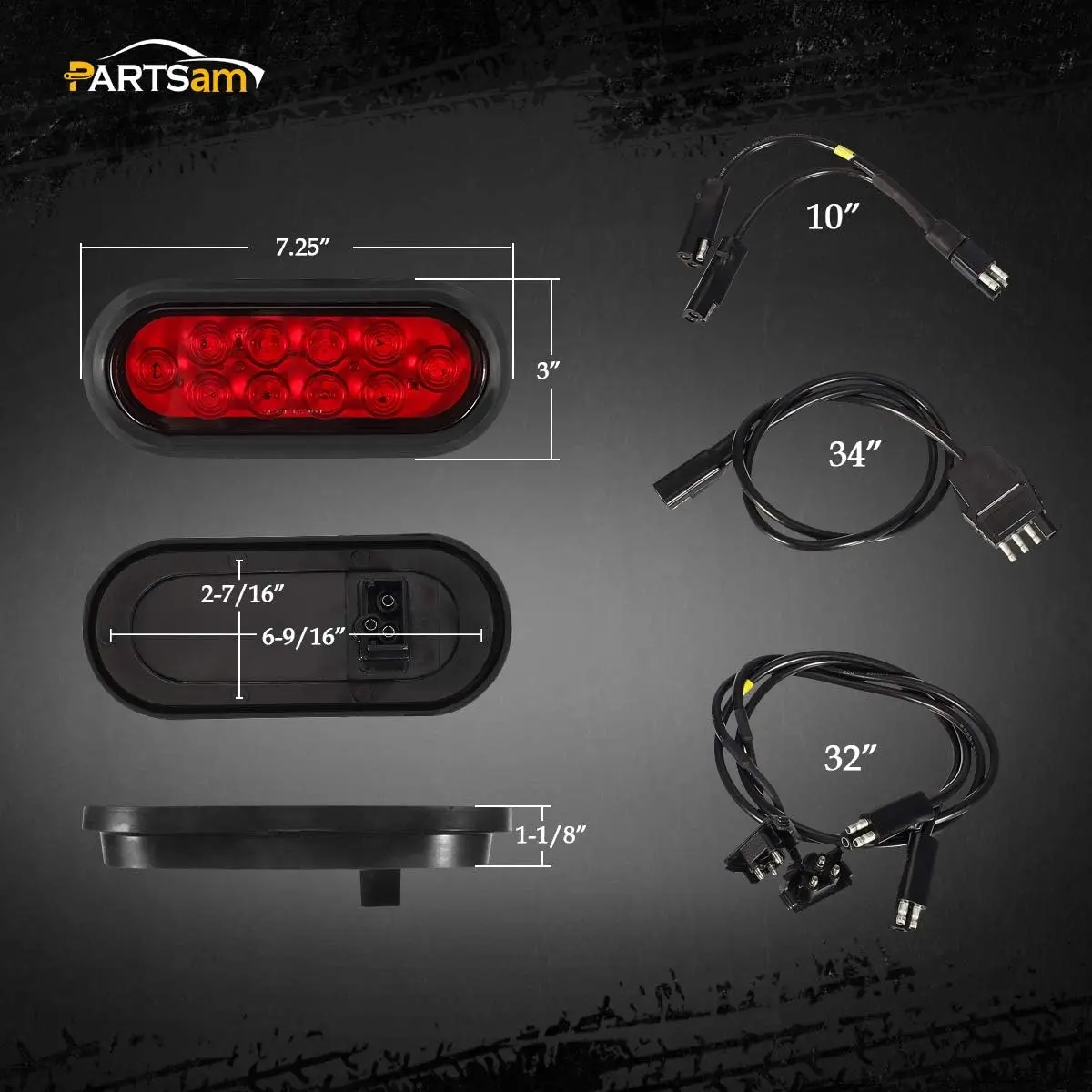 Partsam Red Cargo Carrier Hitch Rack Lights Kit, 2Pcs 6 Inch 10 LED Oval Waterproof Tail Lights with Rubber Grommets, 76" Wiring Harness, Bike Rack Light