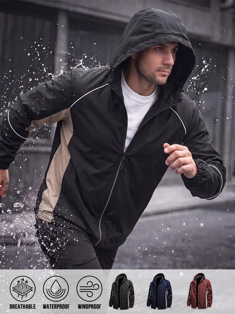 Versatile Men Athletic Hooded Windbreaker, Wind‑Resistant Breathable Material, Stylish Side Color‑Block & Contrast Line Design, Full‑Zip Outer Jacket for Outdoor Sports and Daily Casual Occasions