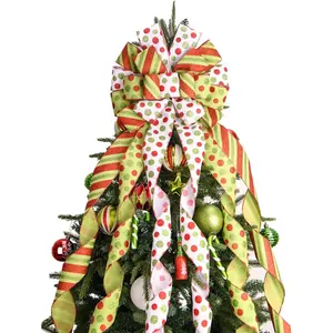 Christmas Tree Topper Wreath Bow Large Green Christmas Bow Tree Topper, 45"x13" Red Green Dot Polyester Gift Ribbon for Xmas Ornament Holiday Home Wedding Thanksgiving Indoor/Outdoor Decoration