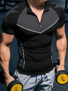 American Hardcore Style Half-Zip Mesh Training T-Shirt, Quick-Dry Breathable High Elasticity Fabric, Slim Fit Muscle Cut, Ideal for Intense Workouts