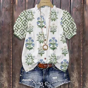 Cherrybetty 100% Cotton Mixed Floral Print Ruffle Neck Puff Sleeve Top Spring Fashion Tiktok Shop Spring Glow Up Summer Blouse Outfit Inspo Going Out Tops