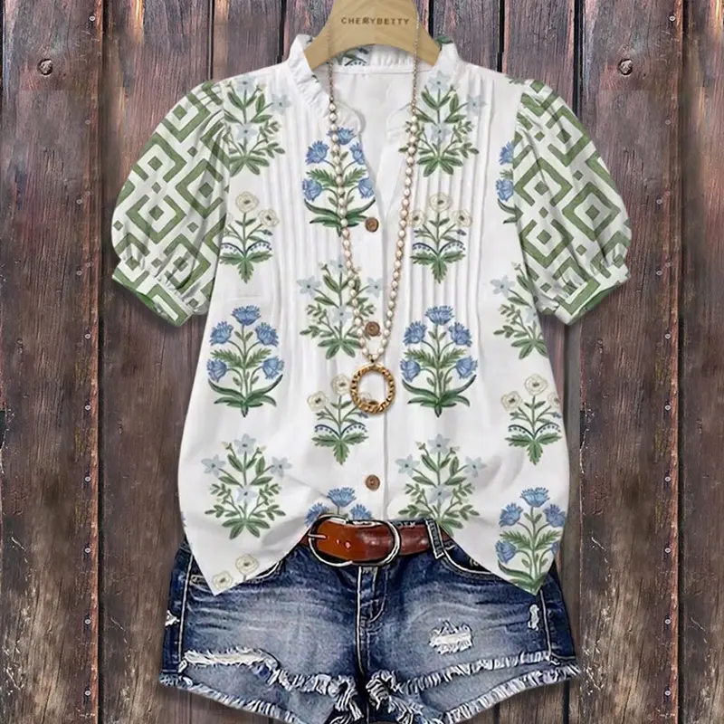 Cherrybetty 100% Cotton Mixed Floral Print Ruffle Neck Puff Sleeve Top Spring Fashion Tiktok Shop Spring Glow Up Summer Blouse Outfit Inspo Going Out Tops