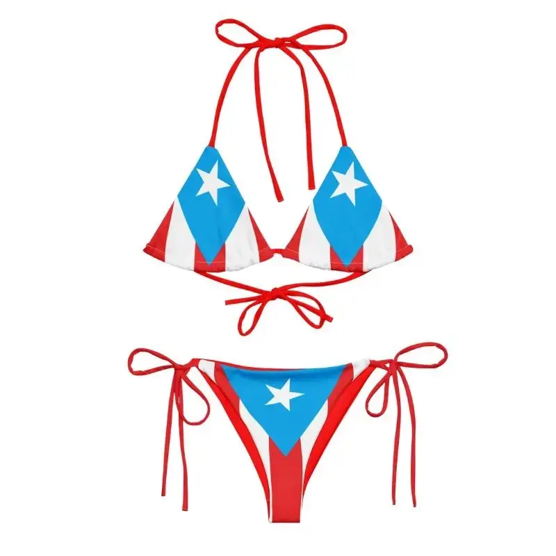 Puerto Rico (Light Blue) String Bikini Set - Island Style All Over Print Eco Pattern Design Swimwear