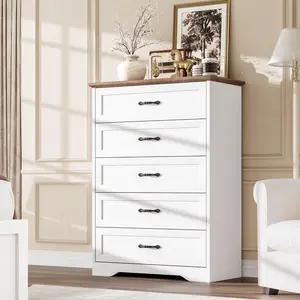 Garvee 31.5" Tall 5 Drawers Dresser for Bedroom, Wooden Home Storage Cabinet with Metal Handles, Modern Chest of Drawers for Living Room, Hallway, Closet, Natural, White/Brown