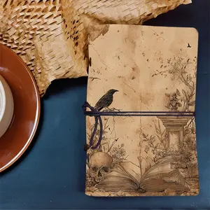 Vintage A6 Daily Planner Blank Pages, Retro Paper Great for Home Use, Daily Errands Lists & Personal Schedule Organizing with Pattern on the Cover  crow, skull, open - book, plant, pedestal