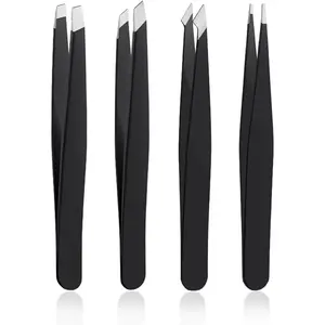 4PCS Stainless Steel Precision Tweezers Set for Ingrown Hair, Blackheads, Splinters & Eyebrow Styling – Slanted Tip Grooming Kit