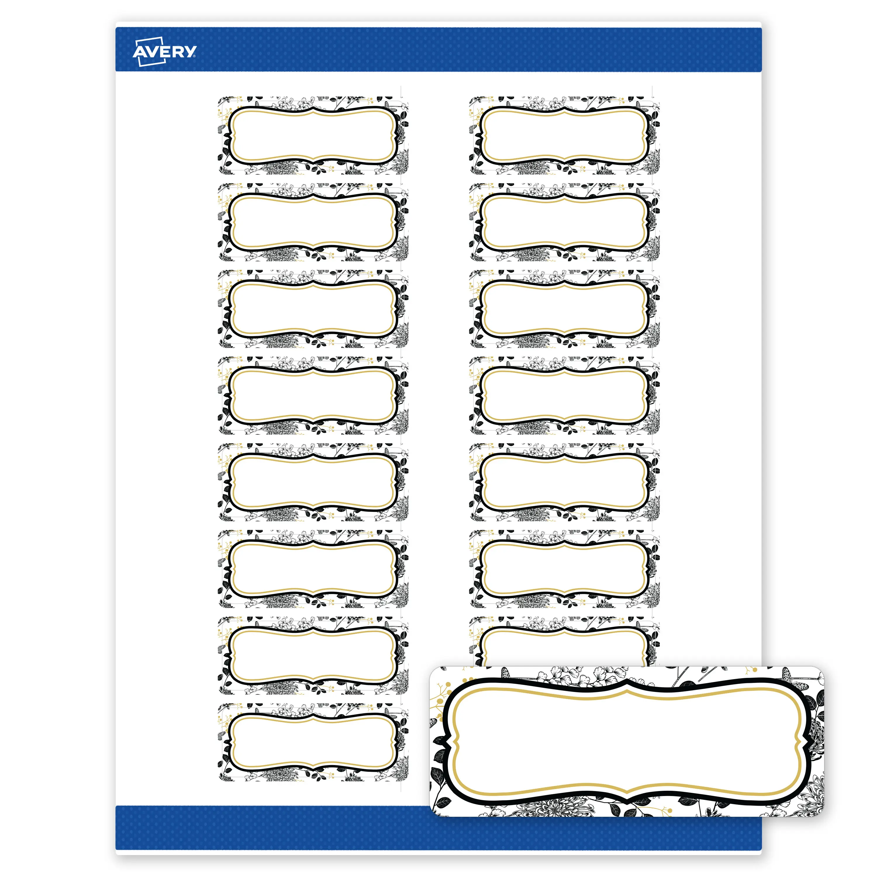 Avery Printable Address Labels, 1" x 2-5/8", Matte White, Pre-printed Flourished Gold & Black Florals Design, Rectangle, Sure Feed Technology, Laser & Inkjet Compatible, 320 Total