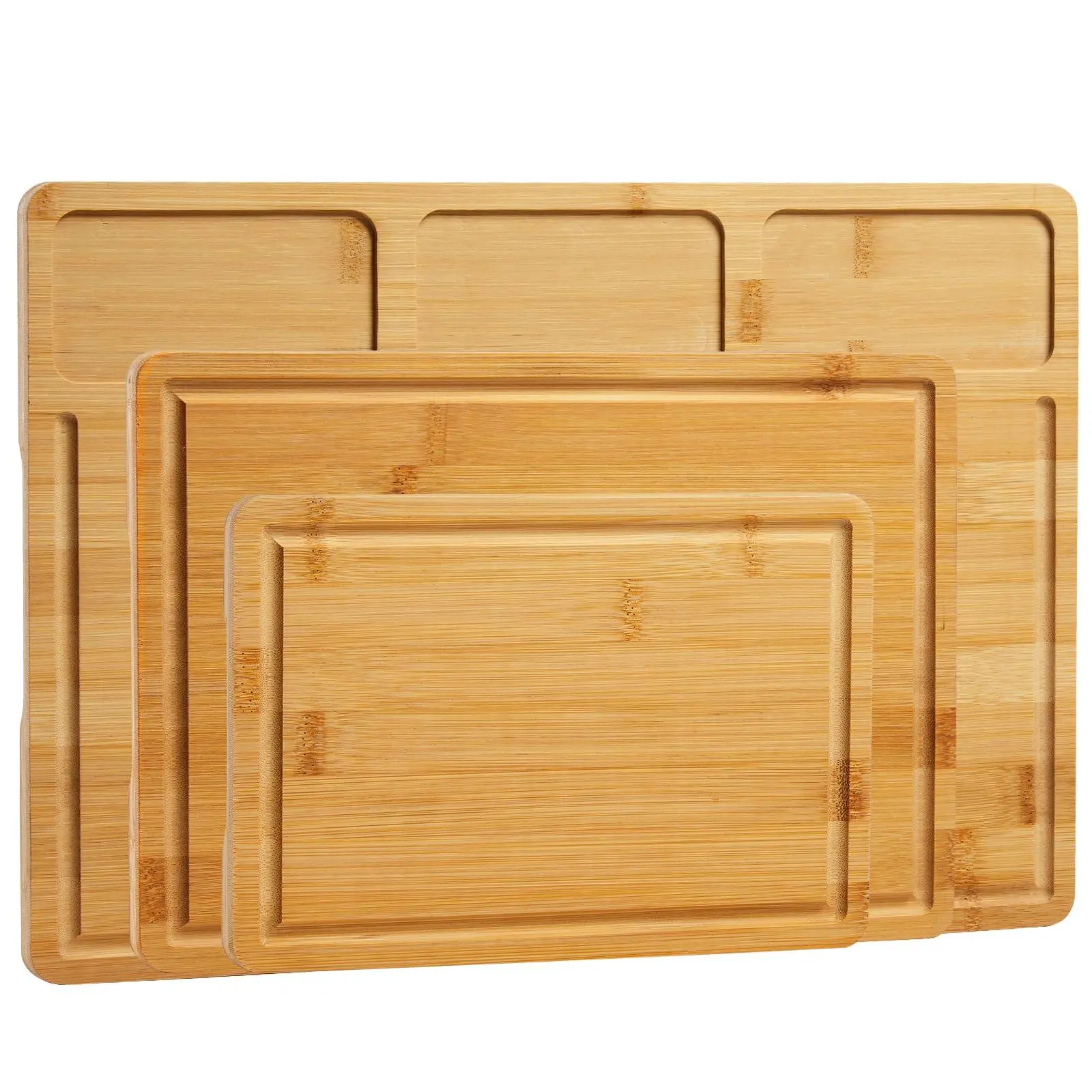 Stylish 3-Piece Thick Bamboo Cutting Board Set for Kitchen - Versatile Wooden Chopping Boards with Deep Juice Grooves, Inner Handles, Prep Slots, Serving Tray, Butcher Block - For Meat, Vegetables, Cheese, Knives