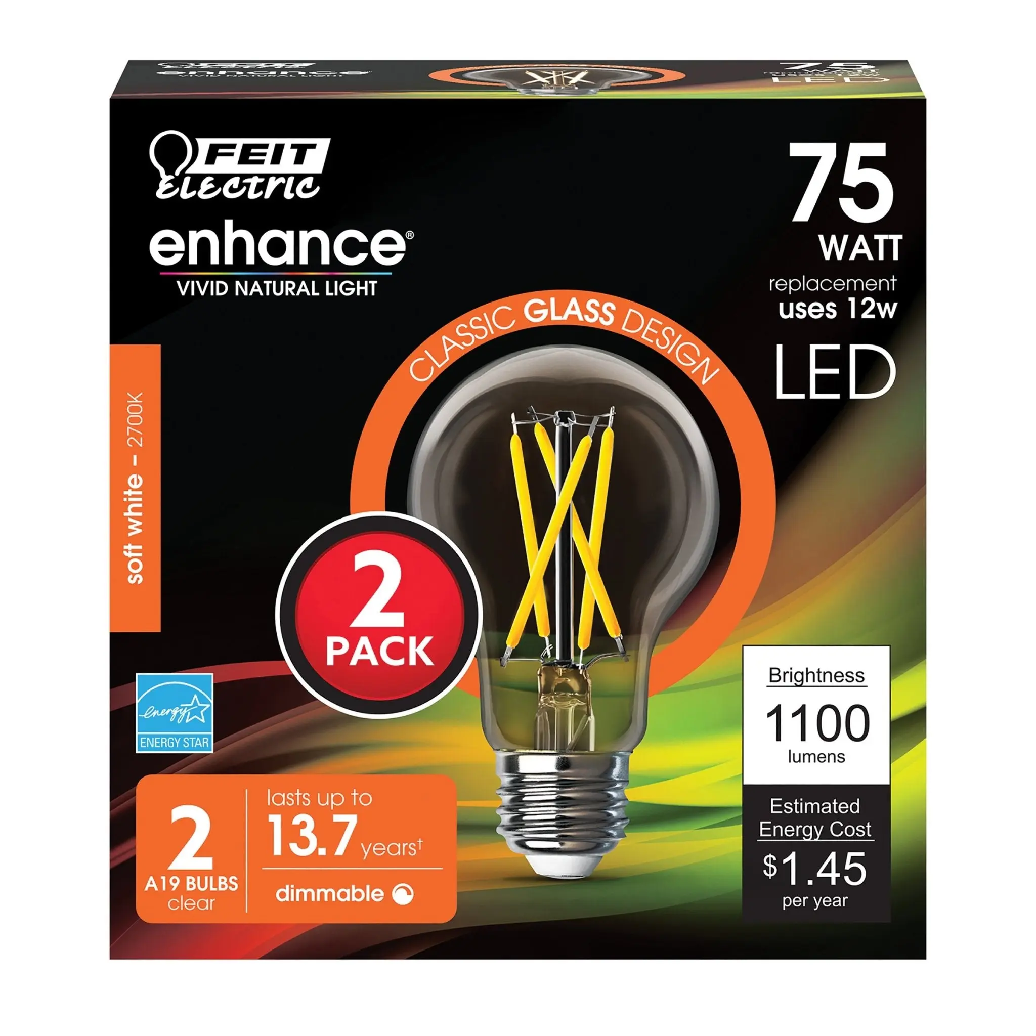 Feit Electric 75 Watt ReplacementA19 Soft White 2700K E26 Base Dimmable LED Light Bulb 2 Pack