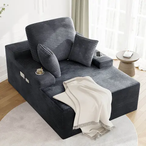 LIKIMIO 49" Oversized Corduroy Chaise Lounge Sofa Bed - Pre-Assembled Indoor Couch, Durable Sturdy Design, Cloud-Soft Full Foam Support, Plush Upholstery, 2 Cup Holders, Storage Pocket, Cushion, 72h Expand, Luxe Feel, for Living Room/Bedroom Decor