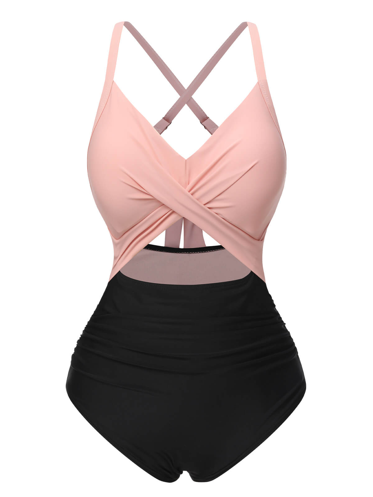PINK & BLACK 1940S HOLLOW WAIST PATCHWORK SWIMSUIT Women's Swimoutfit 82% Polyester 18% Elastane Medium Stretch Wireless Bra Non-removable Pads