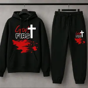 God First  Hoodie Set, Christian Fall Winter Fashion, Casual Pullover, Warm Thermal, Digital Print Top & Bottom 100% Cotton