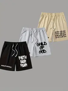 Men's 3 Pack Christian Bible Verse Shorts - "Faith Over Fear" Psalm XXVII:1, "Child of God", "Agree With God" Inspirational Sweat Shorts, Soft, Breathable Cotton Blend Casual Streetwear, Loose Fit Drawstring Waist Summer Shorts for Men Teens