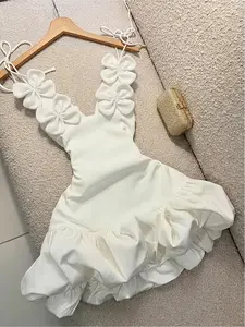 Pure & seductive style three-dimensional flower V-neck tie camisole dress, waist-cinched ruffle bud short dress, suitable for party and dating outfits