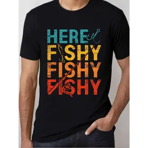Here Fishy Fishy" Graphic Cotton Tee - Unisex, Soft & Breathable Knit Fabric, Crew Neck Short Sleeve T-Shirt for Men & Women, Casual Fit, 180g/m² - Perfect for Beach, Parties, Outdoor Activities & Fishing Enthusiasts, Fishing Shirt