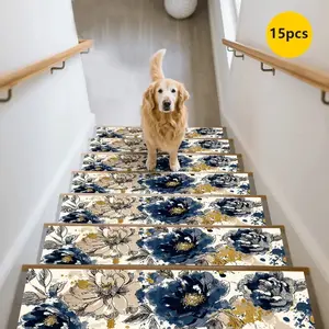 15pc Blue Gold Floral Stair Mats Non-Slip Durable Home Stair Carpet Anti-Slip Pads Washable Stair Treads Jit