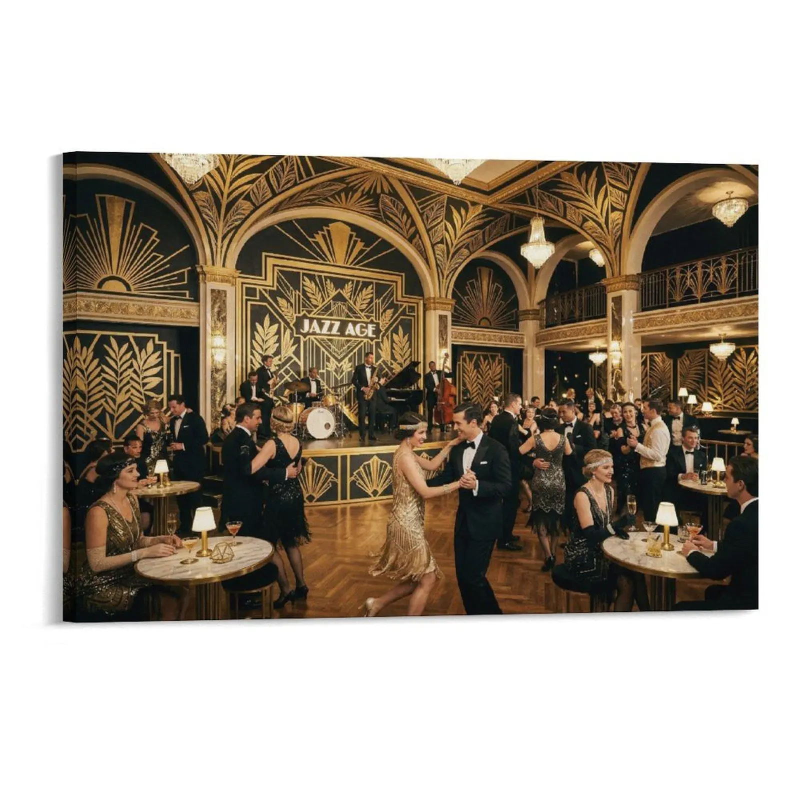 2D Frameless Canvas Art Print - Black-Gold Vintage 1920s Jazz Age Art Deco Gatsby Scene, Multi-Size Wall Decor for Bar, Living Room