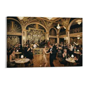 2D Frameless Canvas Art, Jazz Age Art Deco Design, Black Gold Vintage 1920s Gatsby Scene, Wall Decor for Bar, Living Room, Dining Room, Printed Artwork
