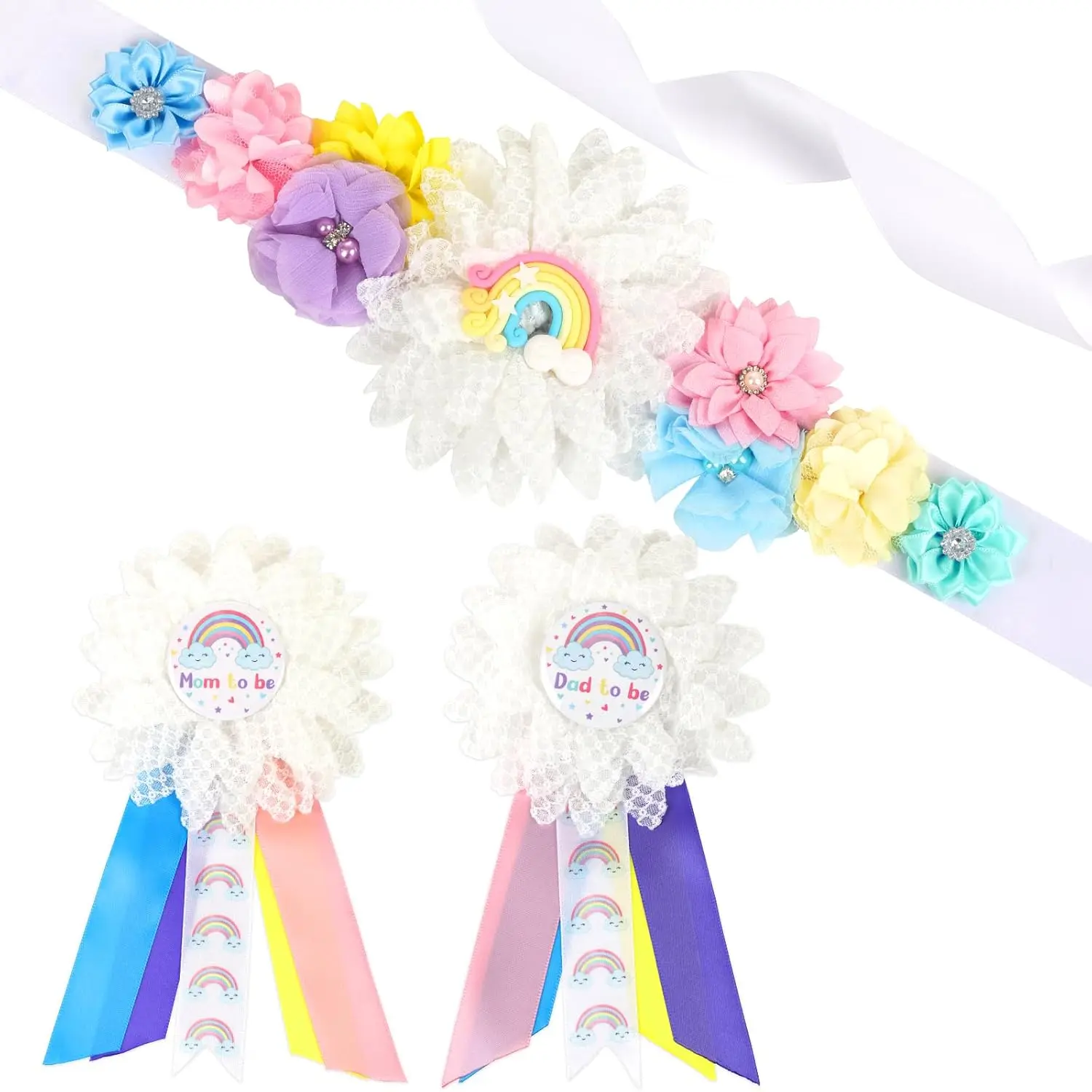 1Set Pastel Rainbow Baby Shower Maternity Sash Kit - Belly Belt, Mom-to-Be & Dad-to-Be Corsage Pins, New Parents Photo Props, Festive Party Supplies, Gifts
