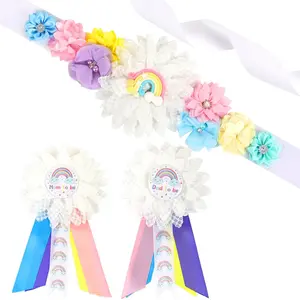 1Set Rainbow Baby Shower Maternity Sash Kit Pastel Rainbow Baby Shower Belly Belt and Mom to Be  Dad to Be Corsage Pins Pregnancy Sash New Parents Photo Props Party Supplies