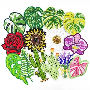 1 Set 15 Plant Embroidery Iron-On Patches, Bamboo, Sunflower, Rose, Lavender, Cactus, DIY Decorative Clothing Accessories