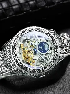 Men's Luxury Vintage Automatic Mechanical Watch, Glowing Hands, Moon Phase Display, Rotatable Bezel, Band, Business Casual Style