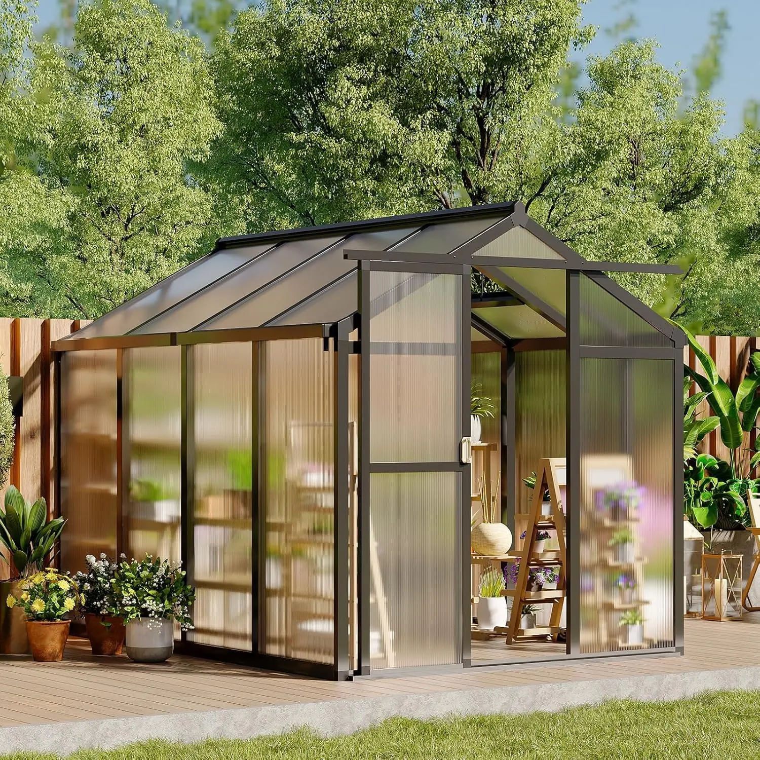 Heavy Duty Greenhouse - Weatherproof Aluminum Alloy Frame, Multi-Layered Polycarbonate Panels, Ventilation Roof Vents, Sliding Doors, Modern Black Outdoor Gardening Structure with Eco-Friendly Natural Light Design for Garden Backyard