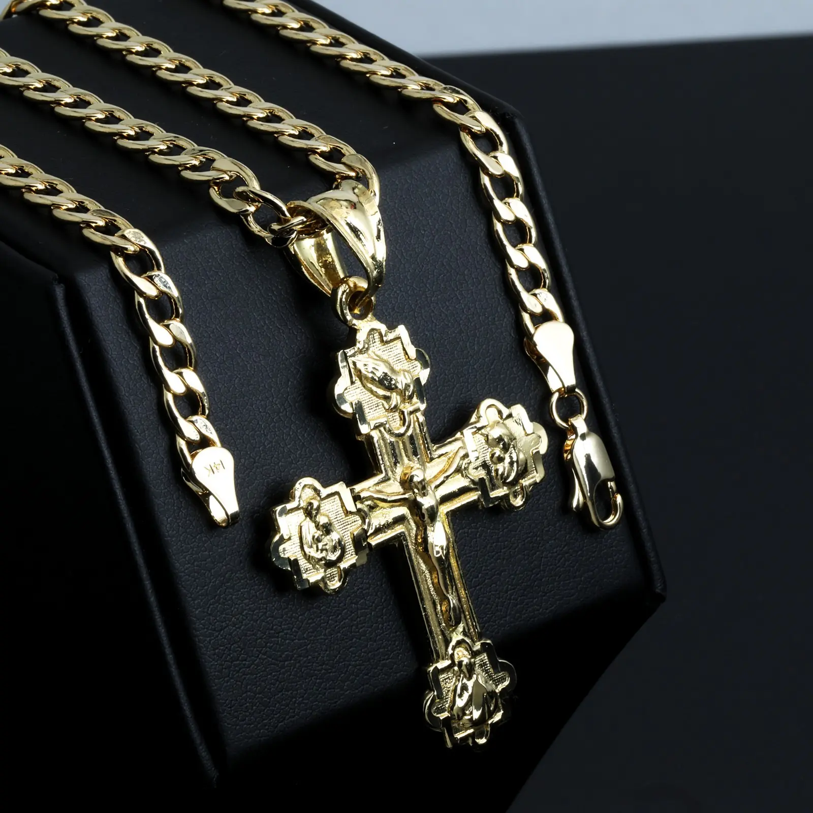MaxBling81 AAA+ High-End Brass Jesus Cross Gold Plated Religious Pendant with 6mm 20"-24" 14K Stamped Cuban Long Chain Necklace