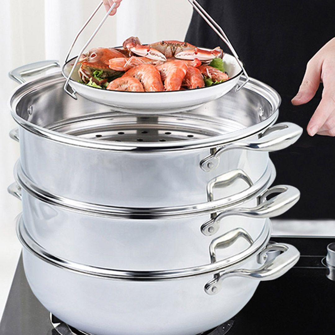 SOGA 3-Tier 30cm Heavy-Duty Stainless Steel Food Steamer – Stackable Vegetable Pot with Glass Lid, Multi-Layer Pan Insert for Healthy Cooking, Steaming Meat, Fish, and Vegetables