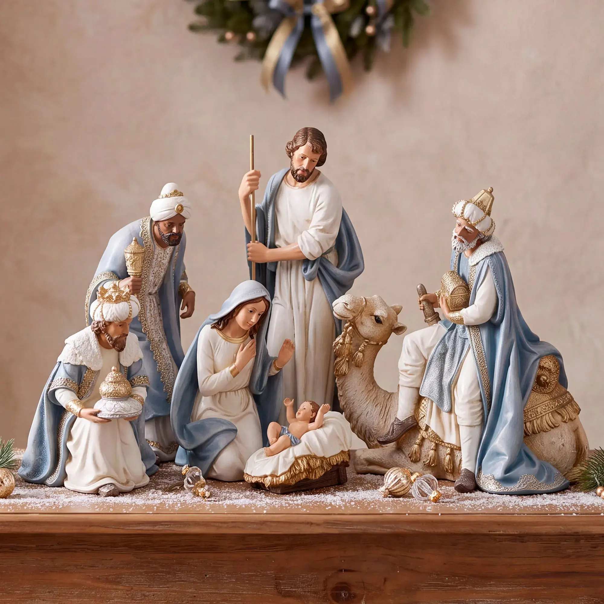 Pastel Blue Nativity Figurine Set of 6, Gold Accents Christmas Religious Decor