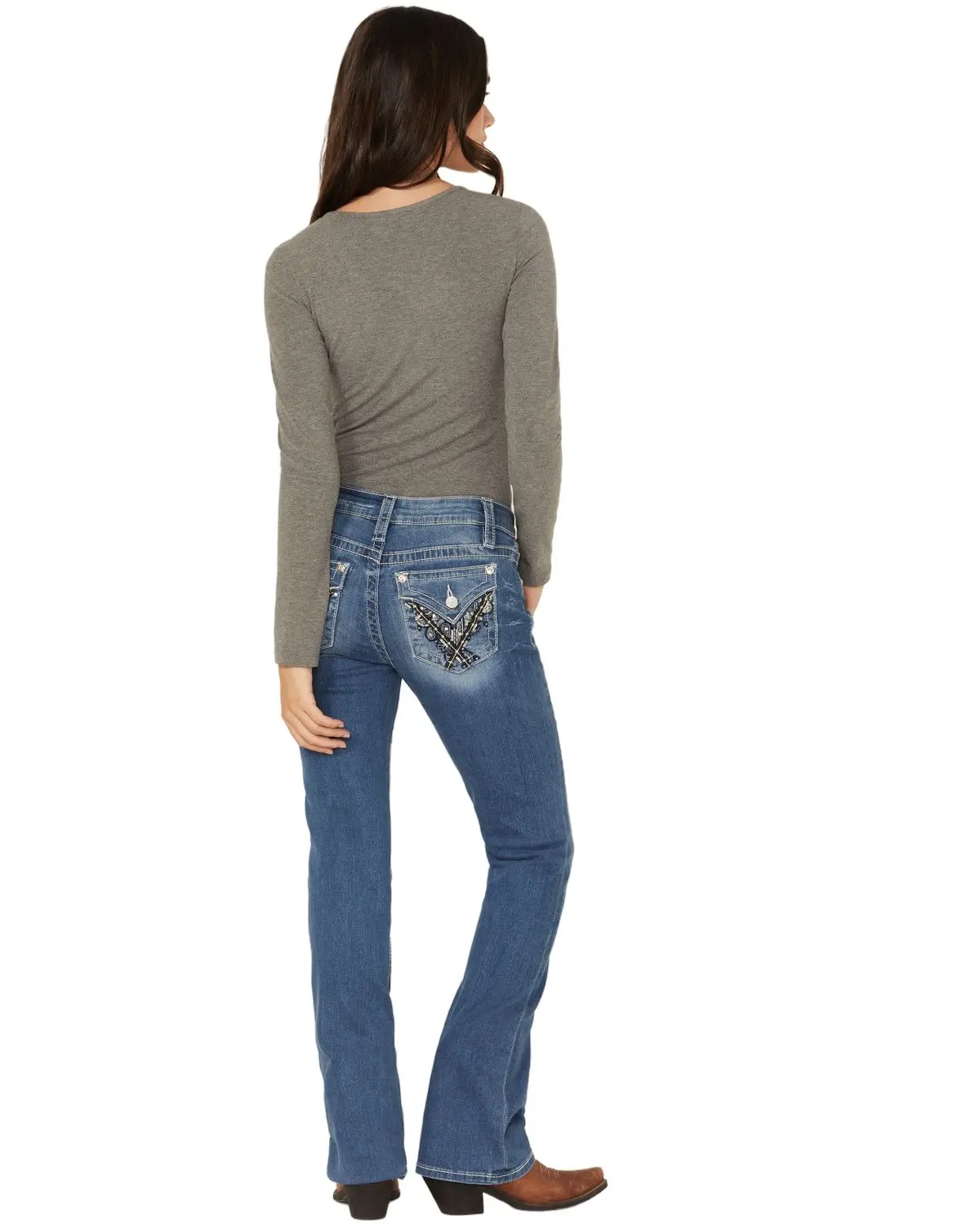 Shyanne Women's Mid Rise Medium Wash Bootcut Paisley Faux Flap Stretch Denim - Ms104b