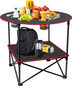 Lightweight Portable Folding Camping Table with Waterproof Canvas Aluminum Frame 4 Cup Holders Double Shelves Carry Bag for Camping Beach Tailgating Outdoor Activities