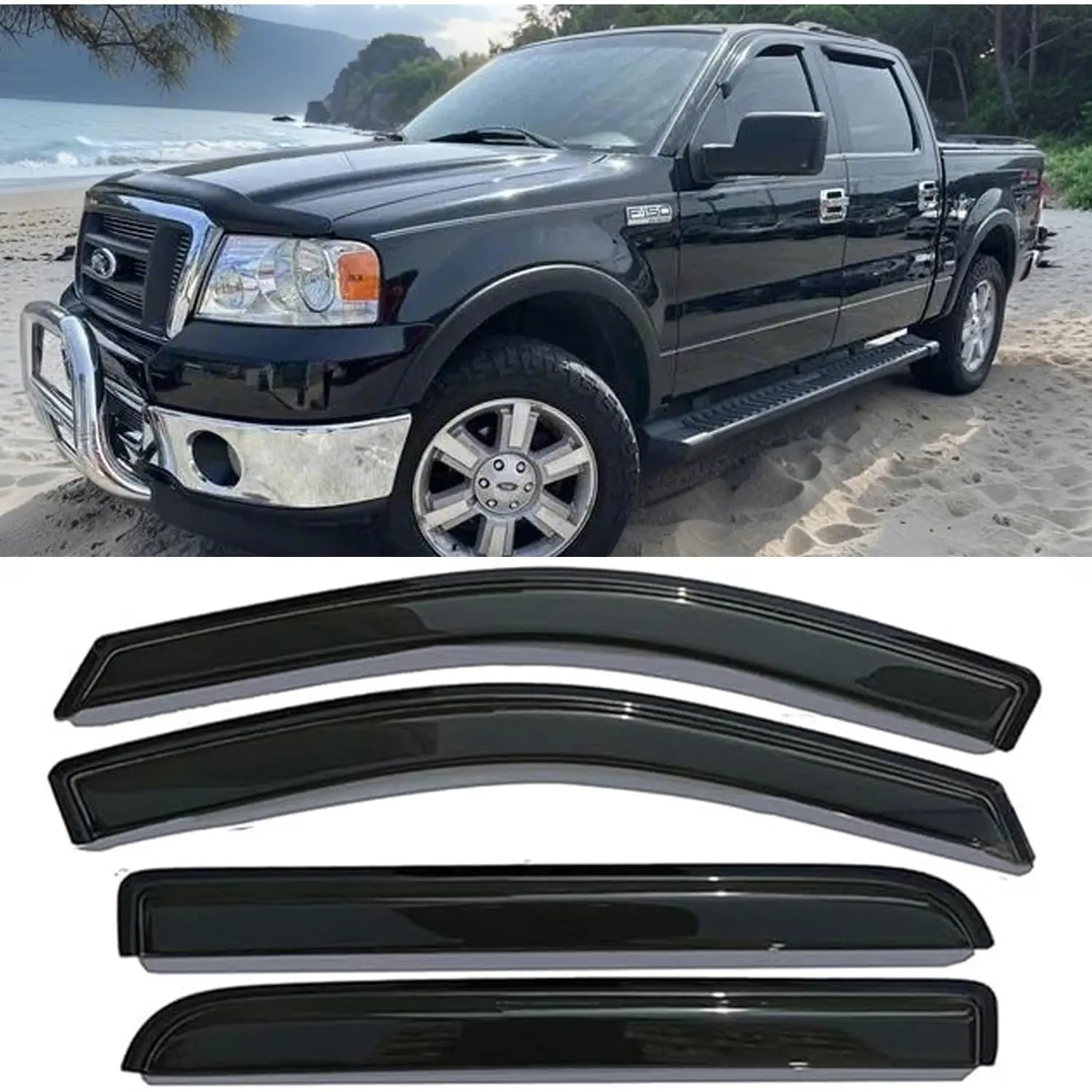 Acrylic Tape-On Smoke Tinted Window Visors Rain Guards - 4 Pcs Truck Vent Shades, Automotive Grade Adhesive Tape, Water Resistant, No Cutting or Drilling Required for 2004-2008 Ford F-150 (Not Fit 2004 Heritage), 2006-2008 Lincoln Mark LT SuperCrew, Degre
