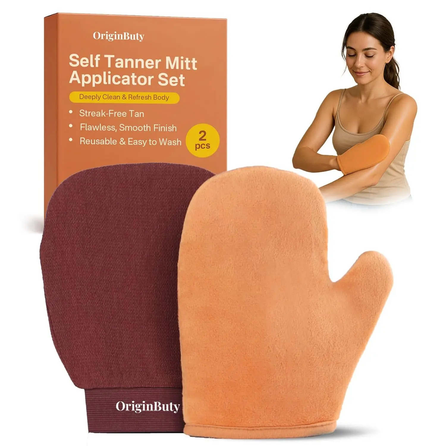 Self Tanner Mitt, Self Tanning Mitt Applicator, Sunning Tanning Gloves for Self Tan Lotion, Tan Applicator Set, Streak-Free Smooth Even Finish, Self Tanner Mitt for Mousse Spray, 2 Pack