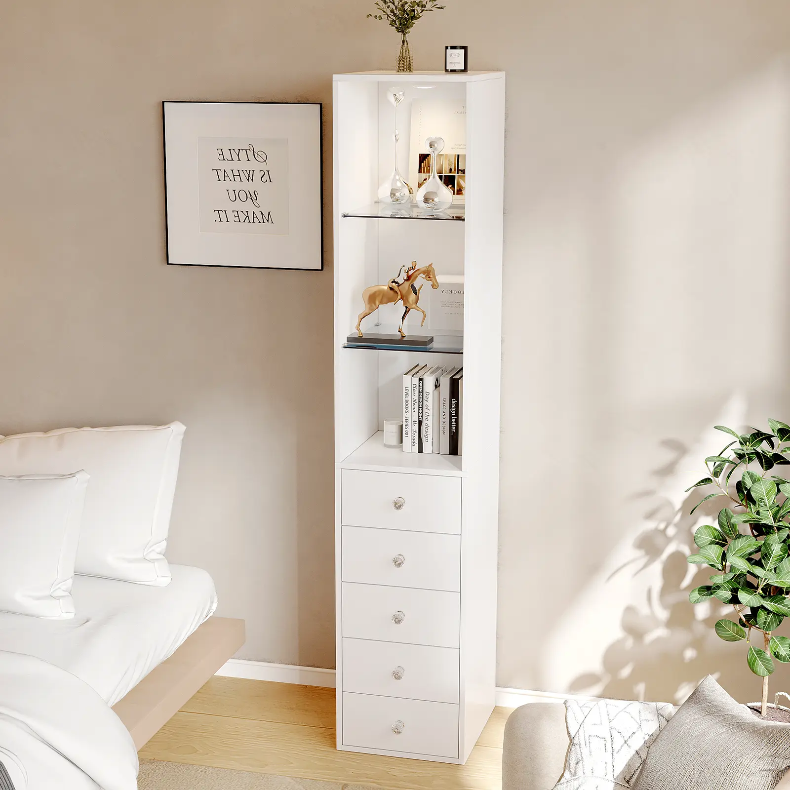 VOWNER 3 Tier Stand Shelf with 5 Drawers Glass top Modern Beside Table, Outlet, LED Light for Vanity, Bedroom, Living Room, Makeup Organization