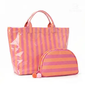 Preppy Stripe Large Tote Bag with Matching Makeup Pouch, 2Pcs Set Summer Travel Beach Bag for Women, Aesthetic HandBag Commute Tote 2026 #SummerVibes tiktokshopspringglowup