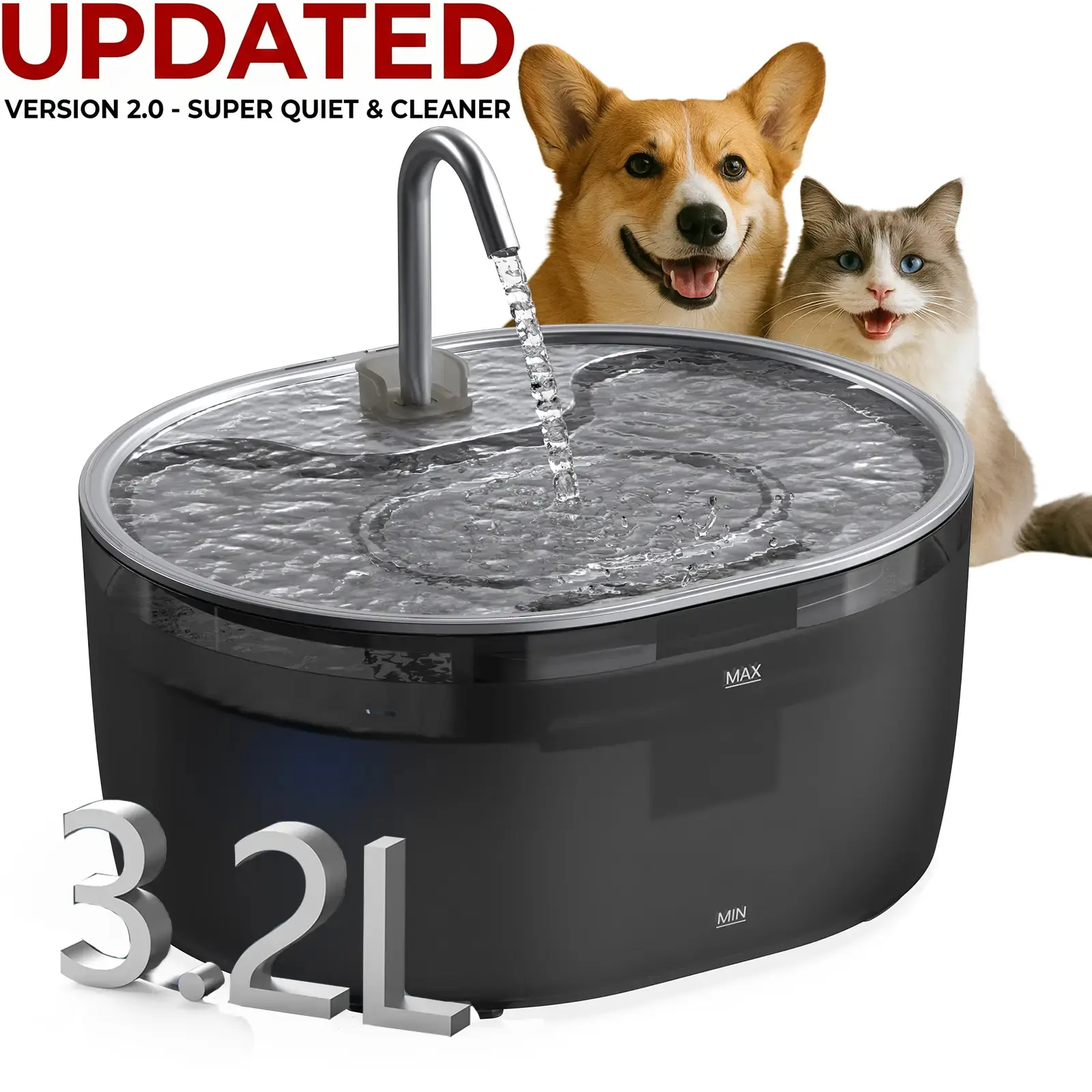 Cat Water Fountain – 304 Stainless Steel Top,108oz/3.2L Large Capacity,Dual Flow Modes,Pet Fountain for Multi-Cat Homes,Easy Clean,3 Filters&Ultra-Quiet Pump,Cat Fountain and Activated Carbon,Multi-stage Filtration,for dog and cat