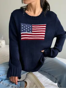 Women's American Flag Pattern Sweater, Long Sleeve Round Neck Knit Pullover Knitwear, Comfortable Fitted Vintage Style, Perfect for Fall/winter Casual Wear