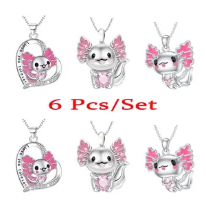 6Pcs Playful Pink Salamander Pendant Necklace Set - Cute Unisex Animal Jewelry For Men & Women, Versatile Fashion Accessory For Daily Outfits, Ideal Gift For Christmas, Valentine's, Birthday, Anniversary, Friendship Day (For Her, Him, Friends, Family)