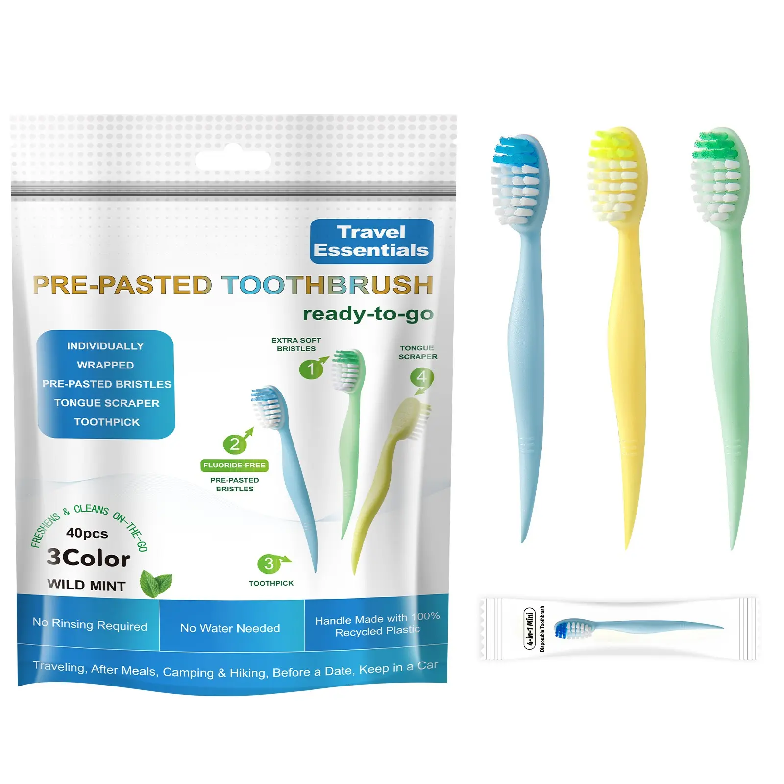 Pre-pasted Mini Travel Toothbrushes, Fluoride-Free Mint Flavor, No Rinse Needed, Individually Wrapped Disposable Toothbrushes, Toothbrush Soft Bristle, 40-Count Tooth Brush Pack, Teeth Brushes, Ideal for Travel, Outdoor Use & Daily Oral Freshness