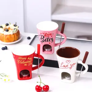 Ceramic Couple's Fondue Cup with Fork - Couple Pairing Cups, Chocolate Making & Coffee Utensil Set, Candle-Heatable, Microwave-Safe, Ideal Valentine's Day Gift