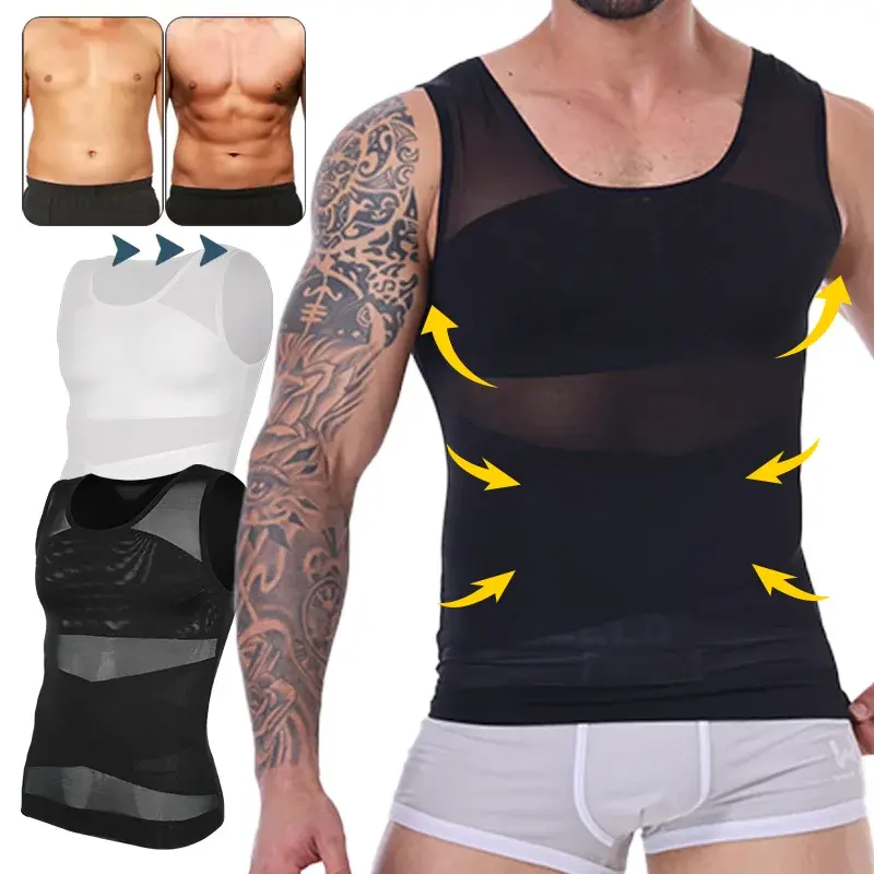 Menswear Body Shaper Shapewear Sports Workout Compression Tank Top Fitness Casual Soft Underwear Stretchy Shirt Mesh Undershirt Breathable Base Vest Stylish Fashion Clothes