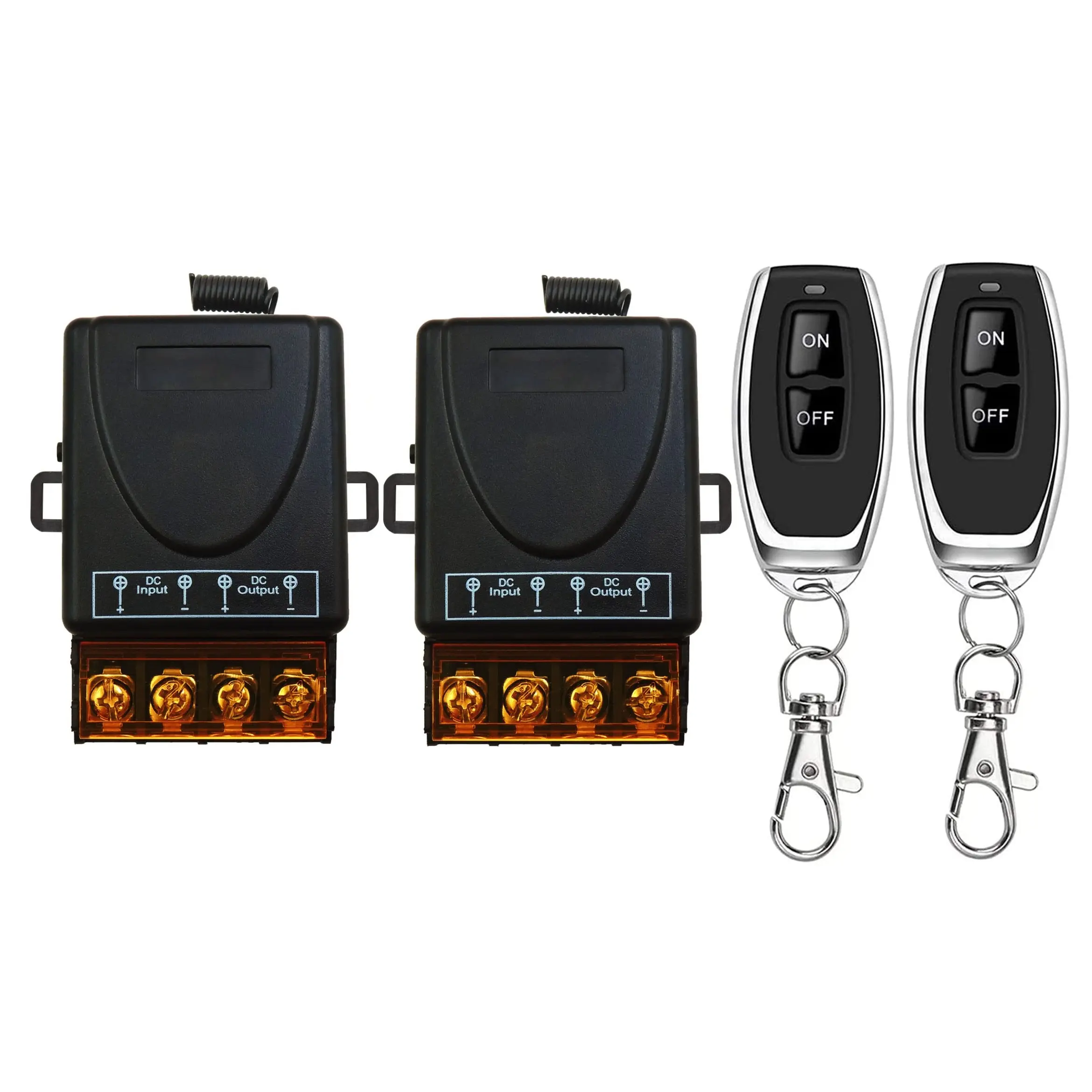 2 set 433Mhz Wireless Remote Control Switch with 328ft Long Range Radio Control DC 12V 24V 36V 48V 12V-75V 40A Relay Receiver and 2 Transmitters Keyfobs for Lighting Water Pump Household Appliances