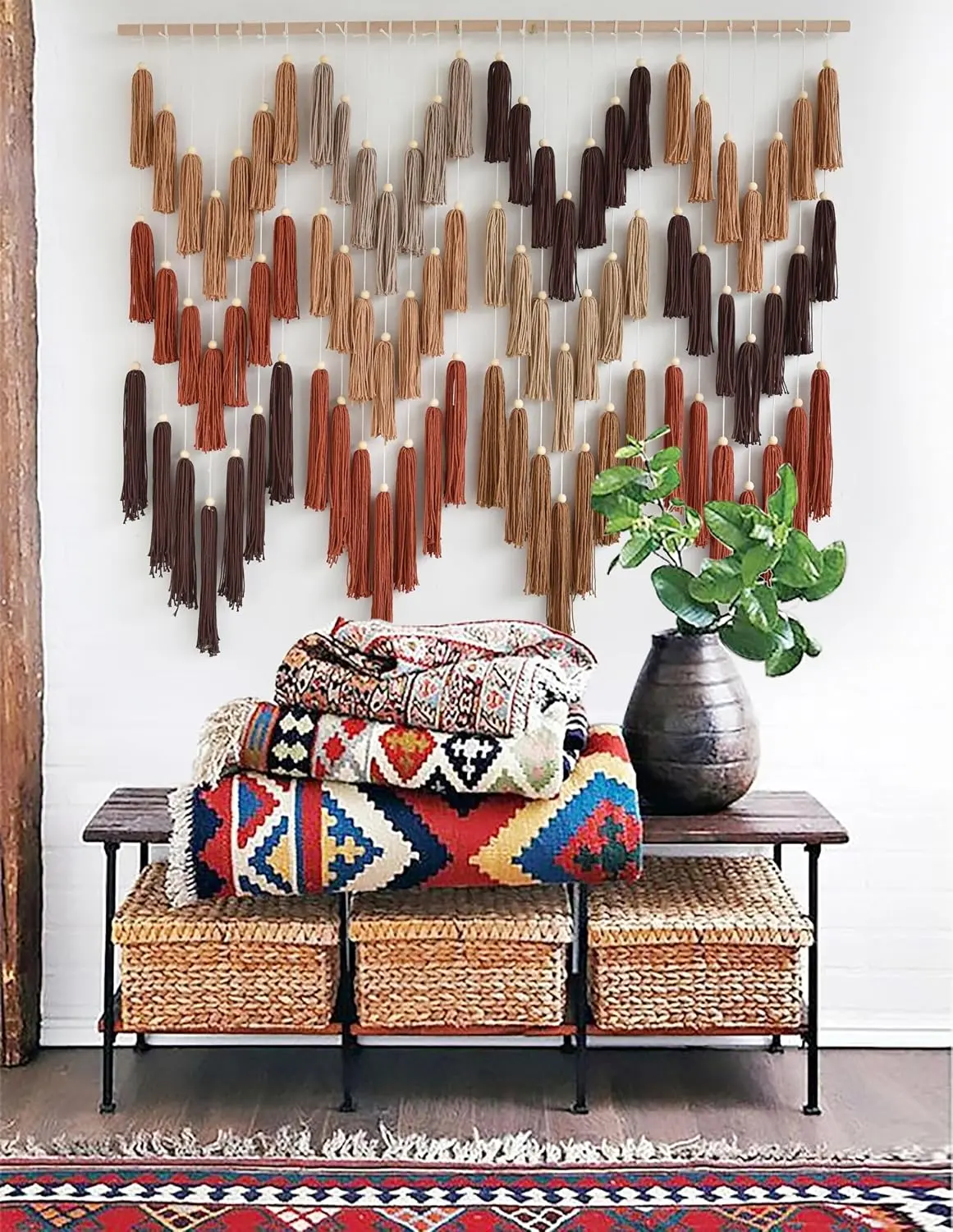 Boho Macrame Wall Hanging, Handmade Wavy Tassel Yarn Wall Decor, 47"W x 39"L