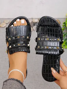 Women's Casual Slip-On Sandals with Rhinestone Buckle Strap, Geometric Pattern, Textile Upper, Elegant Sandals, Perfect for Parties and Daily Wear, Footwear Strap Slides, PU Leather Slides