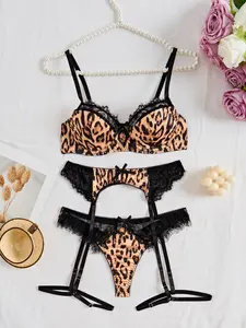 bra and sheer blouse baddie rave outfit lace bra Black leopard print wild lingerie sexy set (with steel ring, thong, garter belt) 3-piece set Womenswear Bridal cute lace bralette