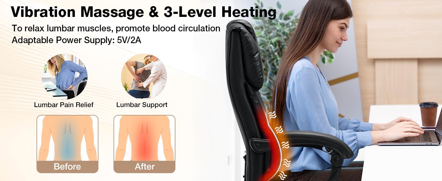 HOFFREE Reclining Office Chair with Massage and Heat Big and Tall Executive Office Chair with Foot Rest High Back PU Leather Computer Chair with Lumbar Support Black