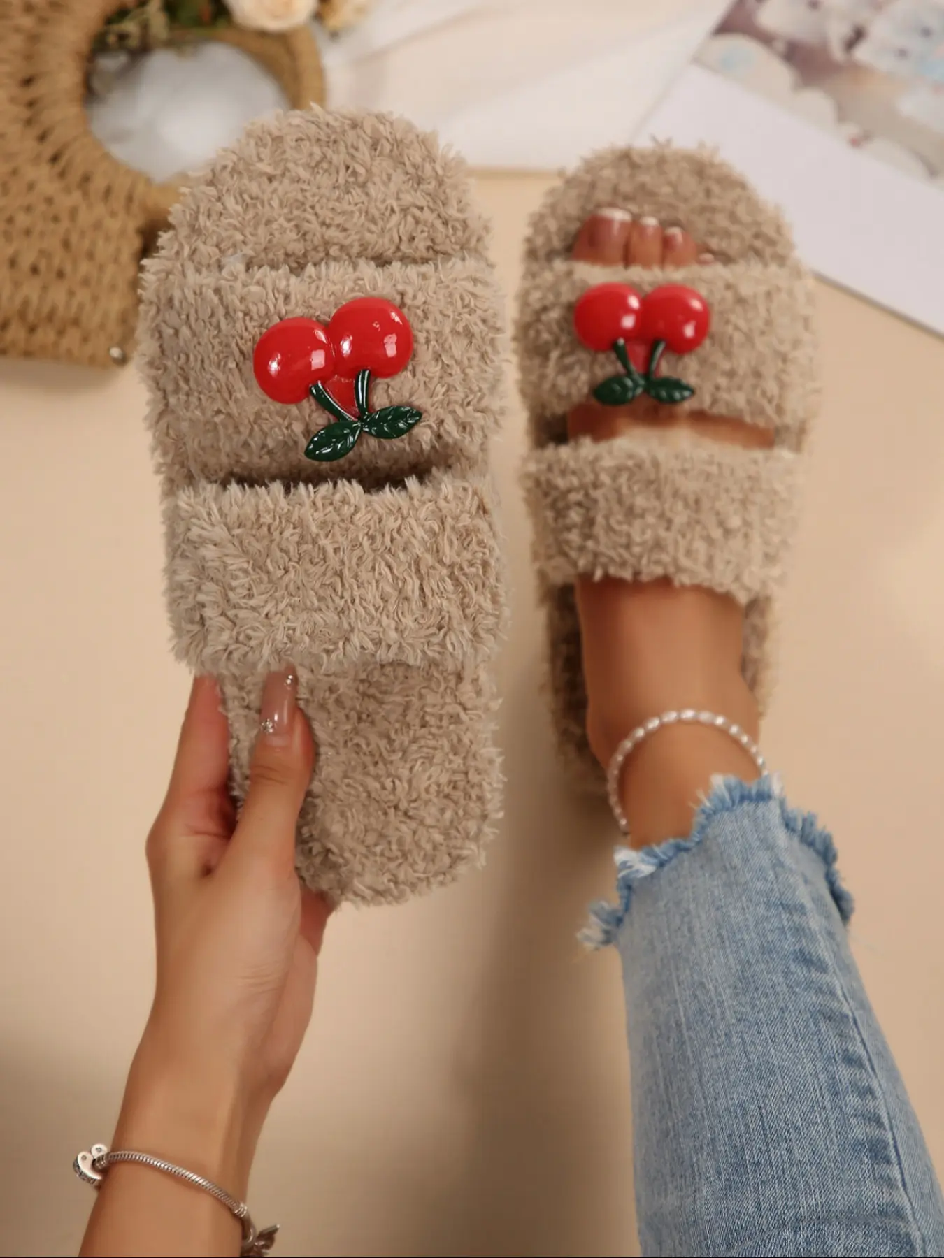 Women's New Faux Fur Home Slippers, House Slippers, Fashionable Design with Two Straps, Cherry Decoration, Soft Plush, One-Piece Easy Wear, Fall & Winter, Footwear