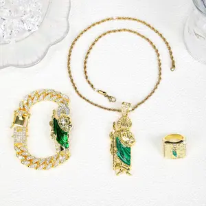 3Pcs San Judas Tadeo Jewelry Set,14K Gold Plated Saint Jude Ring San Judas Bracelet San Judas Tadeo Pendant 20inches Necklace Zinc Alloy Rhinestones chain