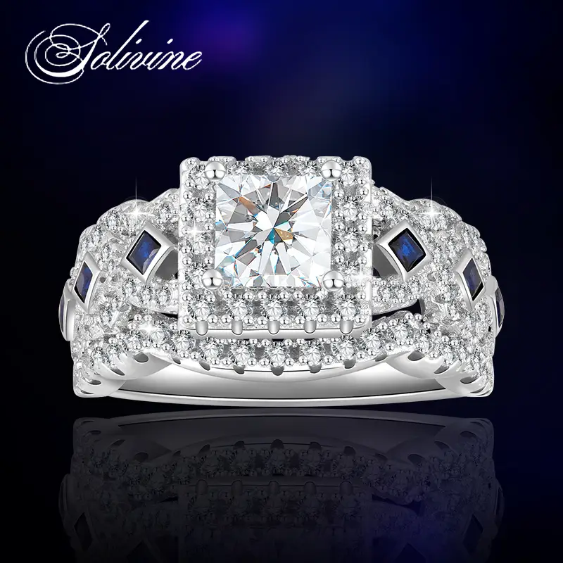 SOLIVINE 3CT Princess Cut Halo Ring with Blue Gem, S925 Sterling Silver Jewelry Ring with 5A Cubic Zirconia, Engagement Ring for Women, Bridal Ring &